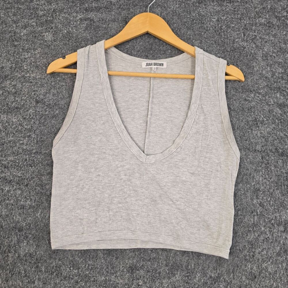 Joah Brown Top One Size Gray Ribbed V Neck Cropped Tank Stretch Basic Casual